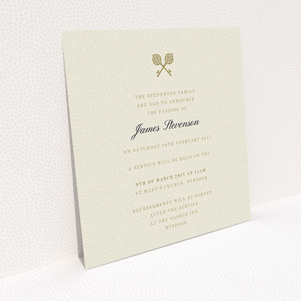 A funeral notification card design named "Cross Keys". It is a square (148mm x 148mm) card in a square orientation. "Cross Keys" is available as a flat card, with tones of cream and gold.
