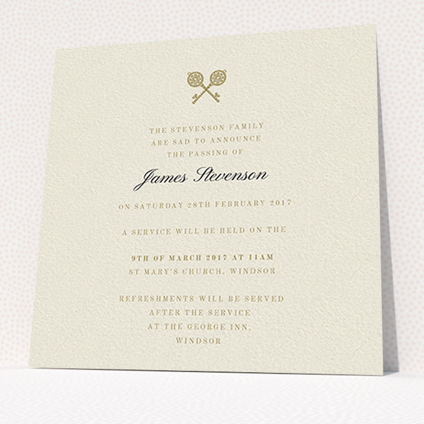 A funeral notification card design named "Cross Keys". It is a square (148mm x 148mm) card in a square orientation. "Cross Keys" is available as a flat card, with tones of cream and gold.