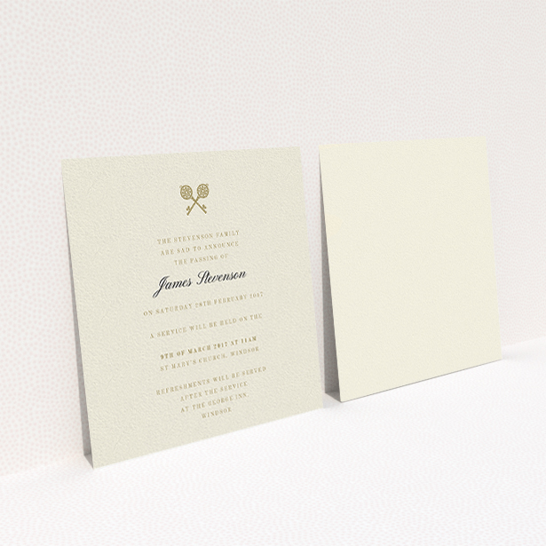 A funeral notification card design named "Cross Keys". It is a square (148mm x 148mm) card in a square orientation. "Cross Keys" is available as a flat card, with tones of cream and gold.