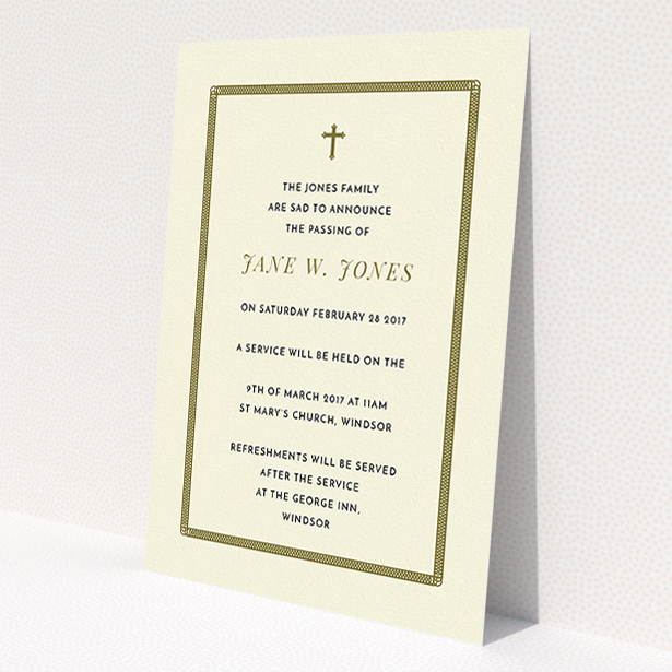 A funeral notification card design named 'Ring border'. It is an A5 card in a portrait orientation. 'Ring border' is available as a flat card, with tones of cream and gold.