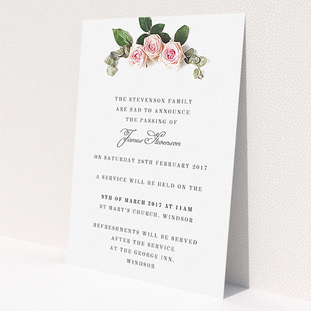 A funeral notification card design called 'Rose Bouquet'. It is an A5 card in a portrait orientation. 'Rose Bouquet' is available as a flat card, with tones of pink and white.