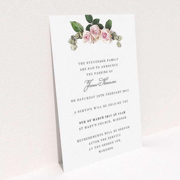 A funeral notification card design called "Rose Bouquet". It is an A5 card in a portrait orientation. "Rose Bouquet" is available as a flat card, with tones of pink and white.