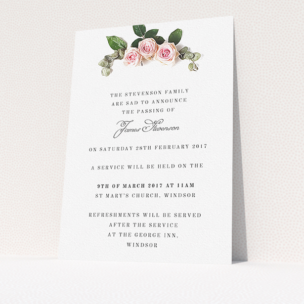 A funeral notification card design called "Rose Bouquet". It is an A5 card in a portrait orientation. "Rose Bouquet" is available as a flat card, with tones of pink and white.