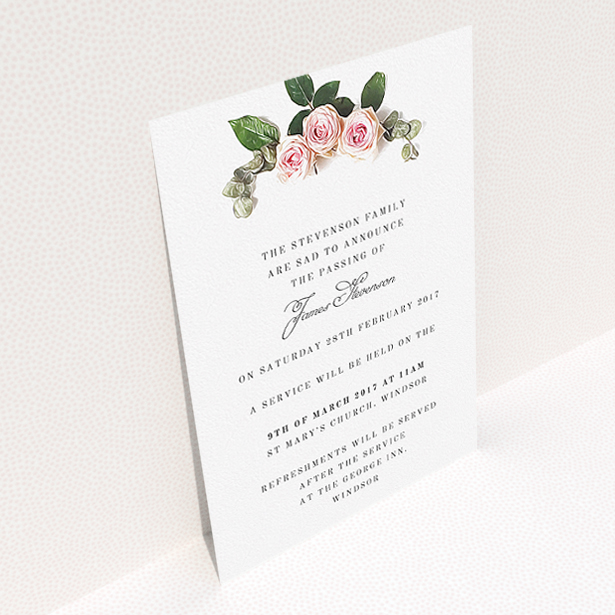 A funeral notification card design called "Rose Bouquet". It is an A5 card in a portrait orientation. "Rose Bouquet" is available as a flat card, with tones of pink and white.