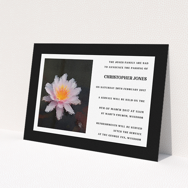 A funeral notification card design titled 'Single Water Lily'. It is an A5 card in a landscape orientation. 'Single Water Lily' is available as a flat card, with tones of black and white.