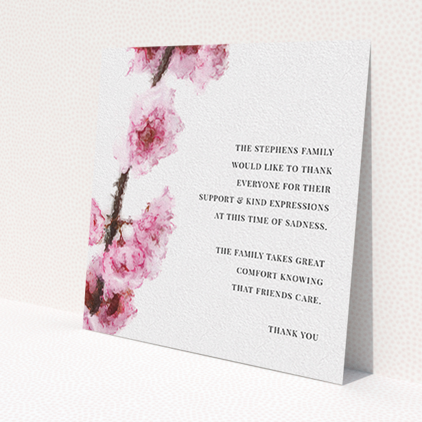 A funeral thank you card template titled 'Blossom aslant'. It is a square (148mm x 148mm) card in a square orientation. 'Blossom aslant' is available as a flat card, with tones of pink and white.