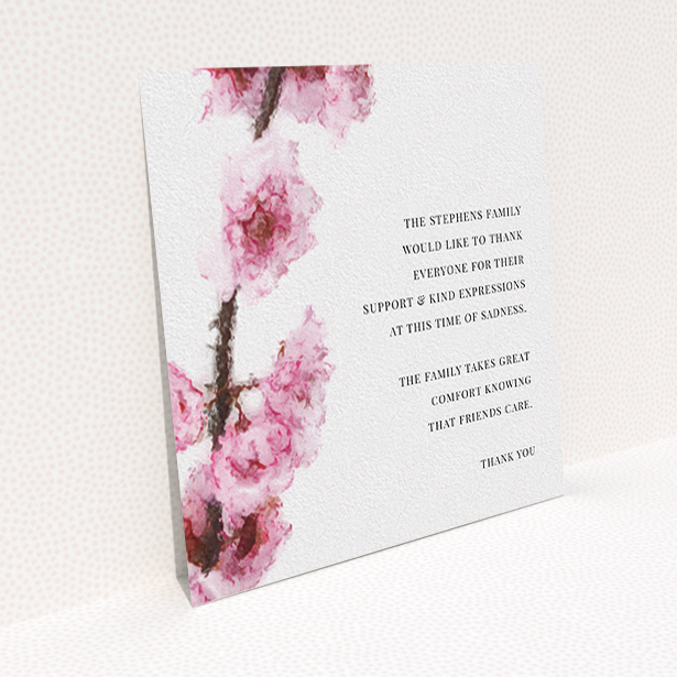 A funeral thank you card template titled "Blossom aslant". It is a square (148mm x 148mm) card in a square orientation. "Blossom aslant" is available as a flat card, with tones of pink and white.