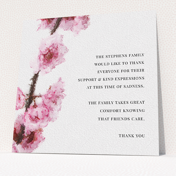A funeral thank you card template titled "Blossom aslant". It is a square (148mm x 148mm) card in a square orientation. "Blossom aslant" is available as a flat card, with tones of pink and white.