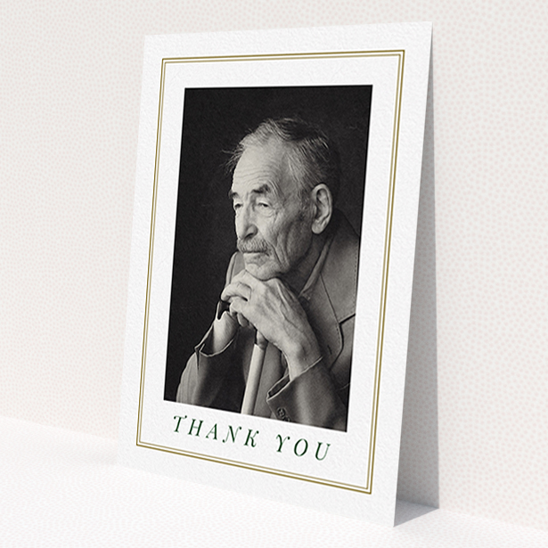 A funeral thank you card design named 'Classic remembrance'. It is an A6 card in a portrait orientation. It is a photographic funeral thank you card with room for 1 photo. 'Classic remembrance' is available as a flat card, with mainly gold colouring.