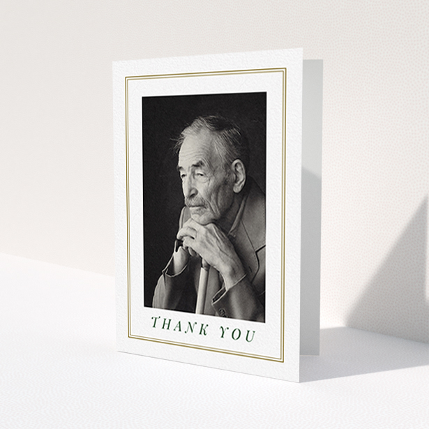 A funeral thank you card design named 'Classic remembrance'. It is an A6 card in a portrait orientation. It is a photographic funeral thank you card with room for 1 photo. 'Classic remembrance' is available as a folded card, with mainly gold colouring.
