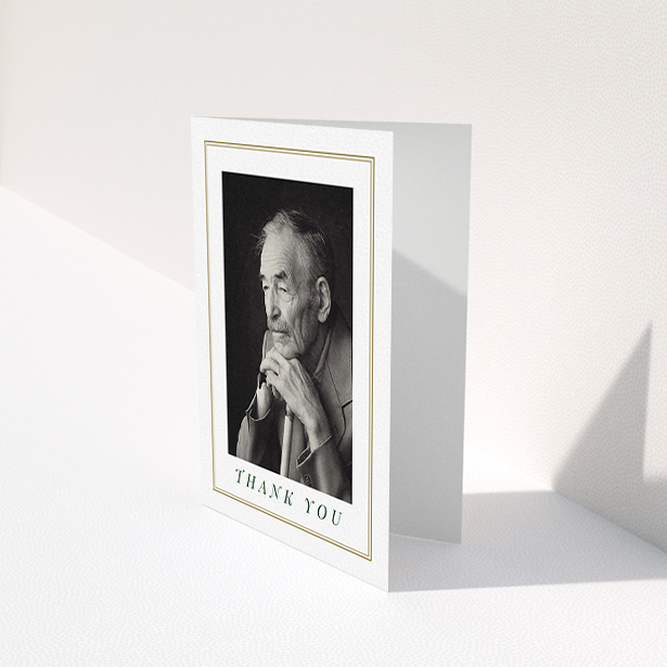 A funeral thank you card design named "Classic remembrance". It is an A6 card in a portrait orientation. It is a photographic funeral thank you card with room for 1 photo. "Classic remembrance" is available as a folded card, with mainly gold colouring.