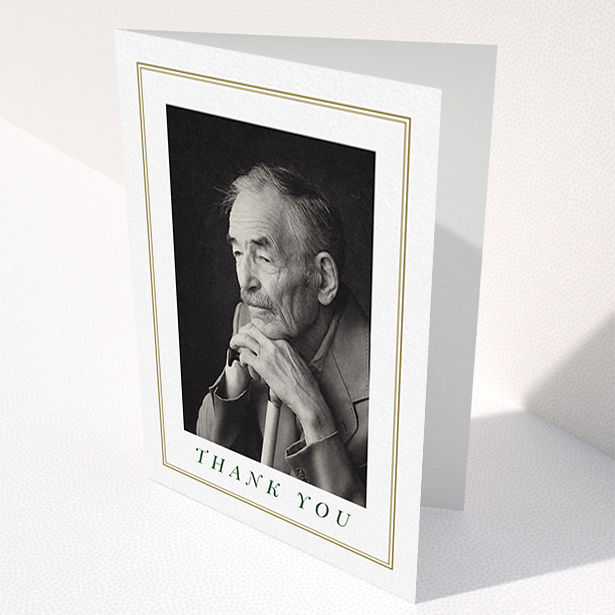 A funeral thank you card design named "Classic remembrance". It is an A6 card in a portrait orientation. It is a photographic funeral thank you card with room for 1 photo. "Classic remembrance" is available as a folded card, with mainly gold colouring.