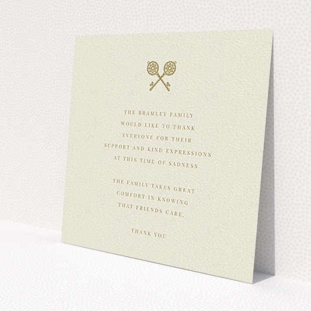 A funeral thank you card named 'Cross Keys'. It is a square (148mm x 148mm) card in a square orientation. 'Cross Keys' is available as a flat card, with tones of cream and gold.