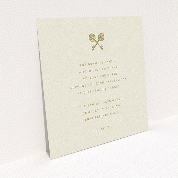 A funeral thank you card named "Cross Keys". It is a square (148mm x 148mm) card in a square orientation. "Cross Keys" is available as a flat card, with tones of cream and gold.