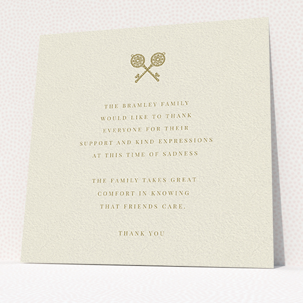 A funeral thank you card named "Cross Keys". It is a square (148mm x 148mm) card in a square orientation. "Cross Keys" is available as a flat card, with tones of cream and gold.
