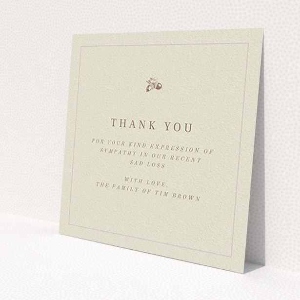 A funeral thank you card design called "Go is a mighty oak". It is a square (148mm x 148mm) card in a square orientation. "Go is a mighty oak" is available as a flat card, with mainly dark cream colouring.