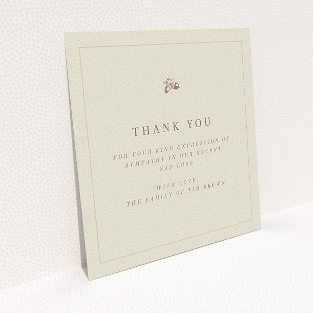 A funeral thank you card design called "Go is a mighty oak". It is a square (148mm x 148mm) card in a square orientation. "Go is a mighty oak" is available as a flat card, with mainly dark cream colouring.