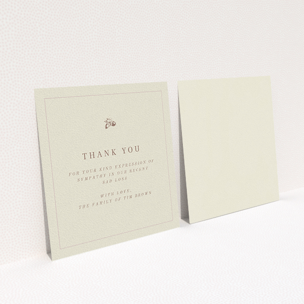 A funeral thank you card design called "Go is a mighty oak". It is a square (148mm x 148mm) card in a square orientation. "Go is a mighty oak" is available as a flat card, with mainly dark cream colouring.
