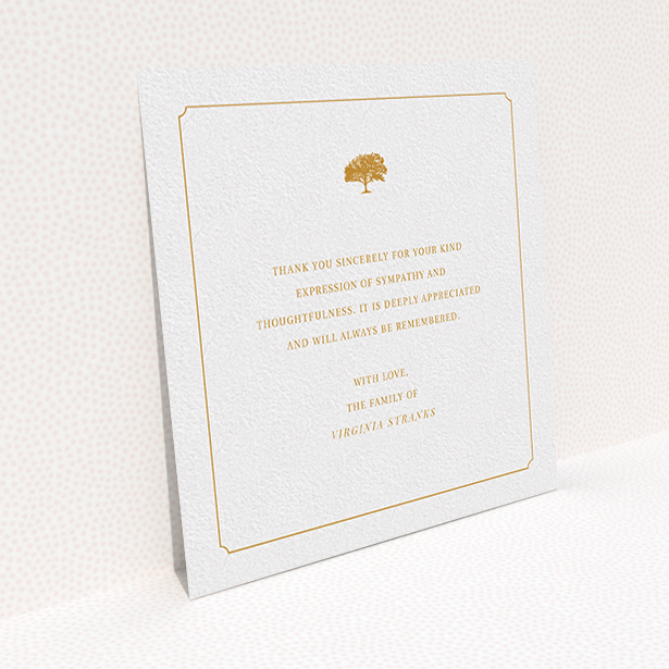 A funeral thank you card design titled "Orange oak". It is a square (148mm x 148mm) card in a square orientation. "Orange oak" is available as a flat card, with tones of white and orange.