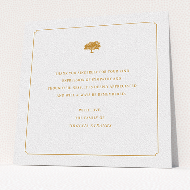 A funeral thank you card design titled "Orange oak". It is a square (148mm x 148mm) card in a square orientation. "Orange oak" is available as a flat card, with tones of white and orange.