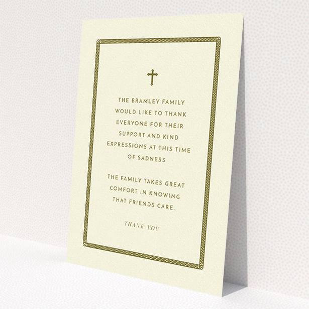 A funeral thank you card template titled 'Order of lines'. It is an A5 card in a portrait orientation. 'Order of lines' is available as a flat card, with tones of cream and gold.