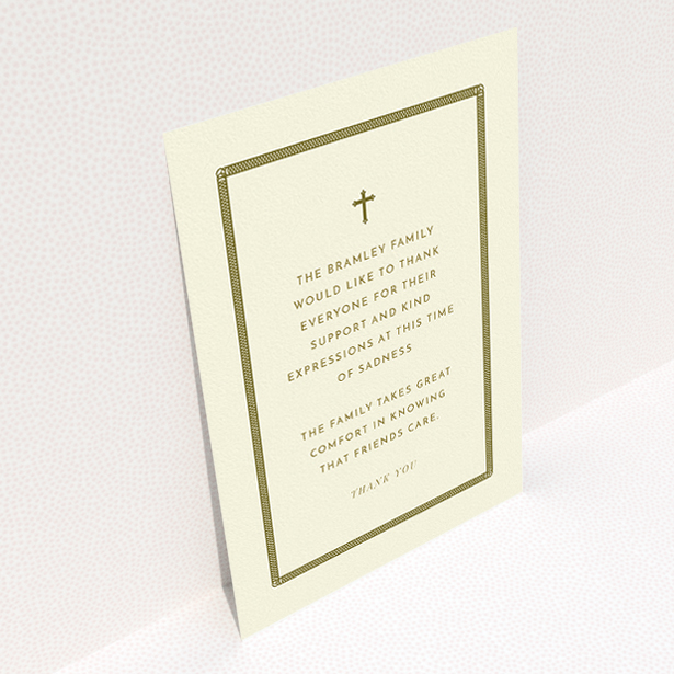 A funeral thank you card template titled "Order of lines". It is an A5 card in a portrait orientation. "Order of lines" is available as a flat card, with tones of cream and gold.