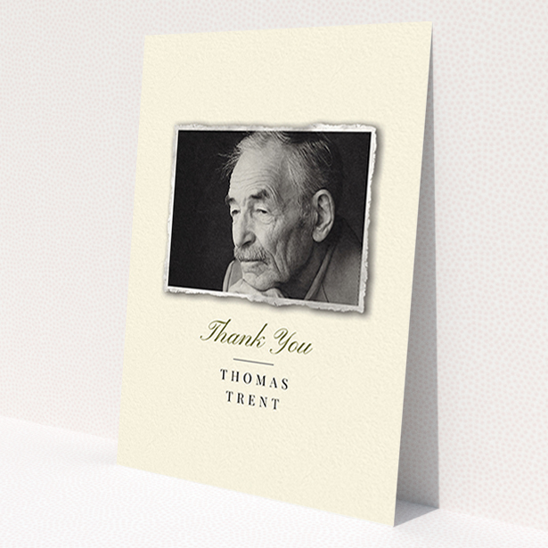 A funeral thank you card design called 'Out of the photo album'. It is an A6 card in a portrait orientation. It is a photographic funeral thank you card with room for 1 photo. 'Out of the photo album' is available as a flat card, with tones of cream and gold.