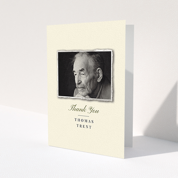 A funeral thank you card design called 'Out of the photo album'. It is an A6 card in a portrait orientation. It is a photographic funeral thank you card with room for 1 photo. 'Out of the photo album' is available as a folded card, with tones of cream and gold.