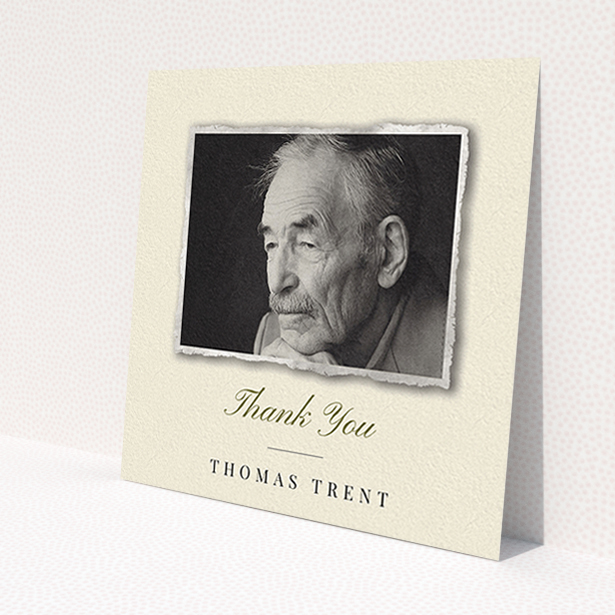 A funeral thank you card called 'Out of the photo album'. It is a square (148mm x 148mm) card in a square orientation. It is a photographic funeral thank you card with room for 1 photo. 'Out of the photo album' is available as a flat card, with tones of cream and gold.
