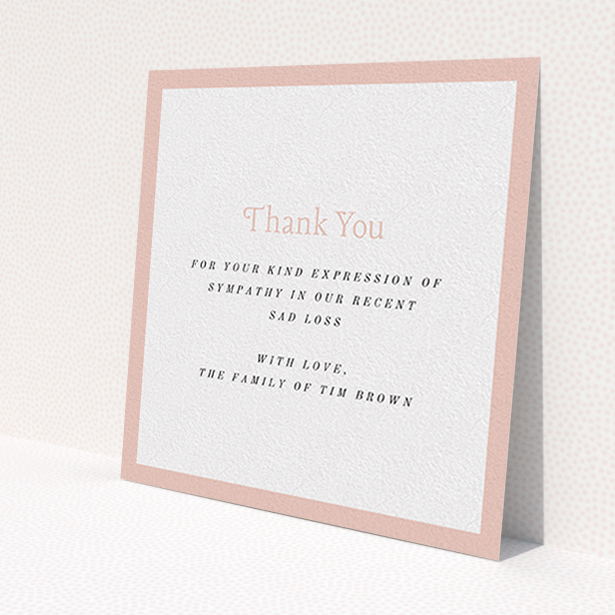 A funeral thank you card template titled 'Pink impact'. It is a square (148mm x 148mm) card in a square orientation. 'Pink impact' is available as a flat card, with tones of pink and white.