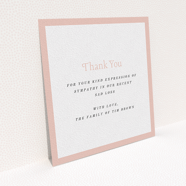 A funeral thank you card template titled "Pink impact". It is a square (148mm x 148mm) card in a square orientation. "Pink impact" is available as a flat card, with tones of pink and white.