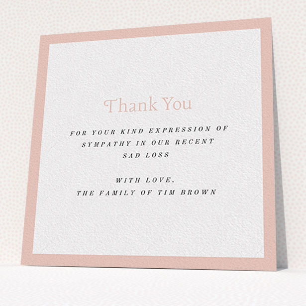 A funeral thank you card template titled "Pink impact". It is a square (148mm x 148mm) card in a square orientation. "Pink impact" is available as a flat card, with tones of pink and white.