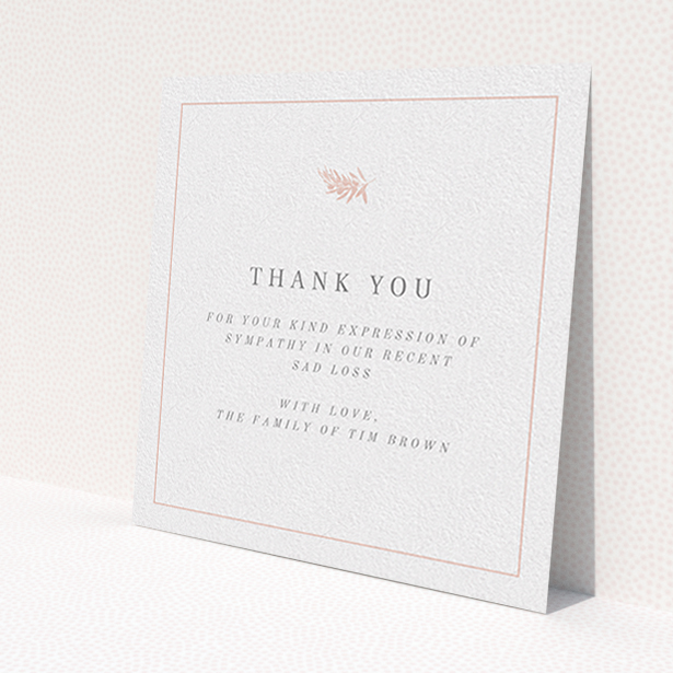 A funeral thank you card named 'Pink Olive Branch'. It is a square (148mm x 148mm) card in a square orientation. 'Pink Olive Branch' is available as a flat card, with tones of white and pink.