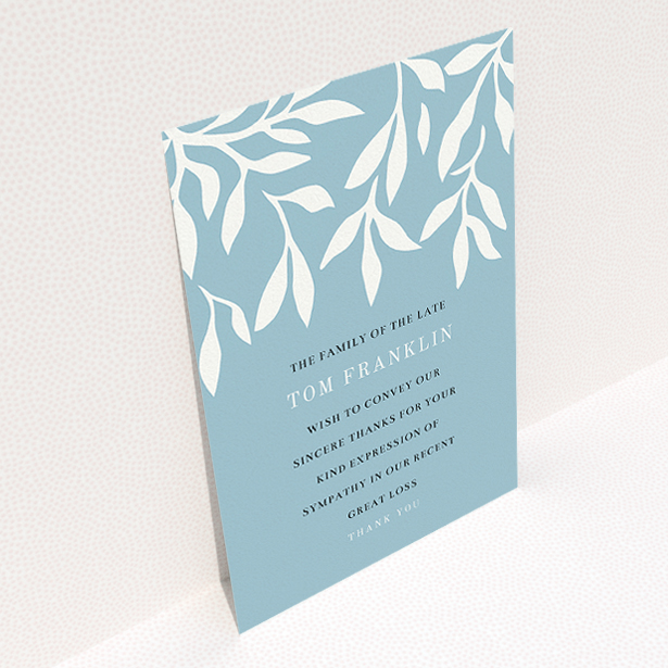 A funeral thank you card called "Remembering winter". It is an A5 card in a portrait orientation. "Remembering winter" is available as a flat card, with tones of blue and white.