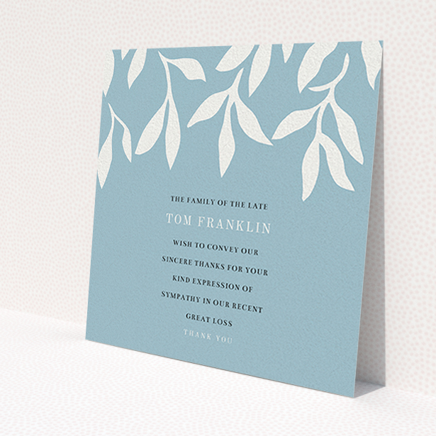 A funeral thank you card design called 'Remembering winter'. It is a square (148mm x 148mm) card in a square orientation. 'Remembering winter' is available as a flat card, with tones of blue and white.