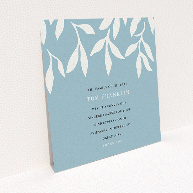A funeral thank you card design called "Remembering winter". It is a square (148mm x 148mm) card in a square orientation. "Remembering winter" is available as a flat card, with tones of blue and white.