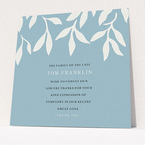 A funeral thank you card design called "Remembering winter". It is a square (148mm x 148mm) card in a square orientation. "Remembering winter" is available as a flat card, with tones of blue and white.