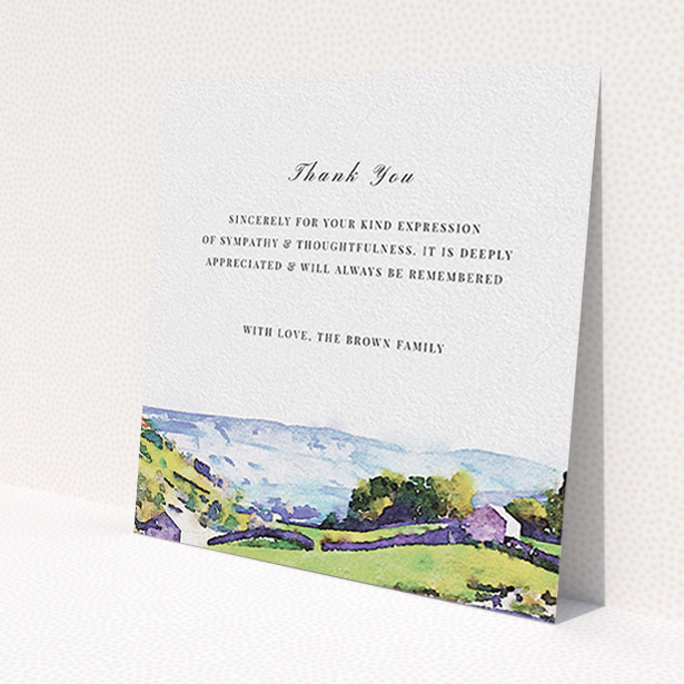A funeral thank you card called 'Rolling down the valley'. It is a square (148mm x 148mm) card in a square orientation. 'Rolling down the valley' is available as a flat card, with tones of white, blue and green.