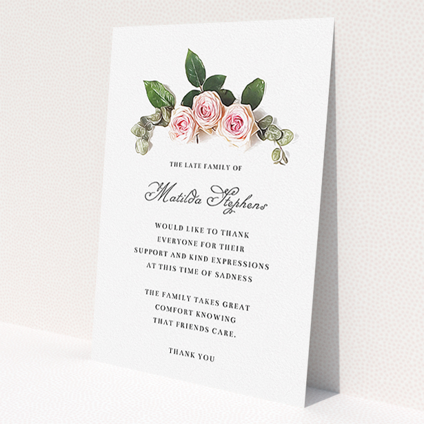 A funeral thank you card design called 'Rose bouquet'. It is an A5 card in a portrait orientation. 'Rose bouquet' is available as a flat card, with tones of light pink and green.