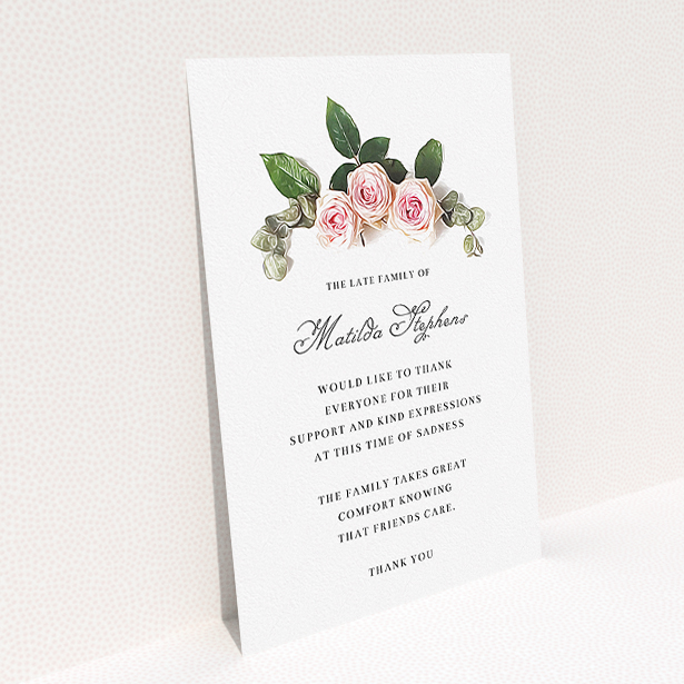 A funeral thank you card design called "Rose bouquet". It is an A5 card in a portrait orientation. "Rose bouquet" is available as a flat card, with tones of light pink and green.