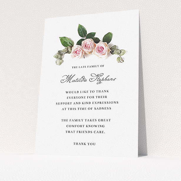 A funeral thank you card design called "Rose bouquet". It is an A5 card in a portrait orientation. "Rose bouquet" is available as a flat card, with tones of light pink and green.