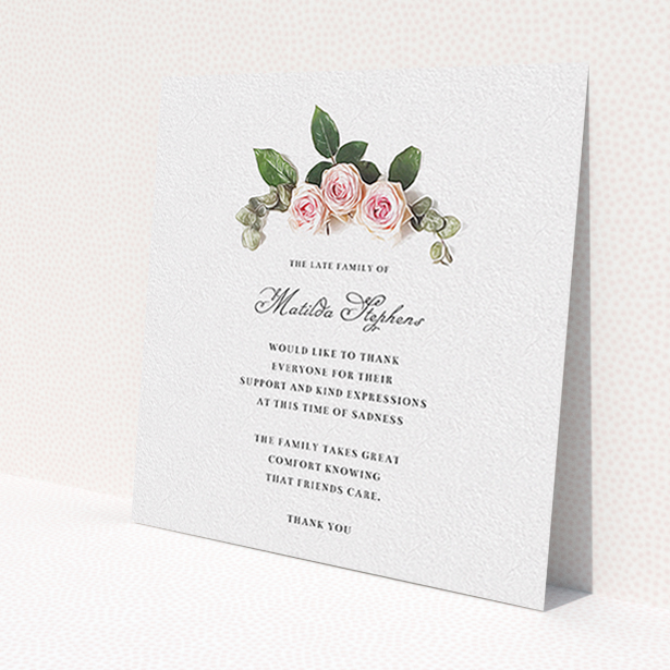A funeral thank you card named 'Rose bouquet'. It is a square (148mm x 148mm) card in a square orientation. 'Rose bouquet' is available as a flat card, with tones of light pink and green.