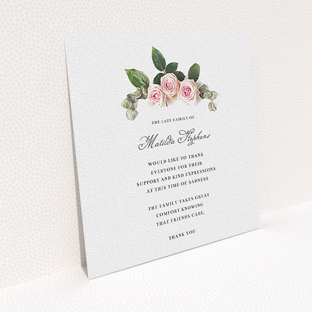 A funeral thank you card named "Rose bouquet". It is a square (148mm x 148mm) card in a square orientation. "Rose bouquet" is available as a flat card, with tones of light pink and green.