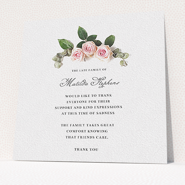 A funeral thank you card named "Rose bouquet". It is a square (148mm x 148mm) card in a square orientation. "Rose bouquet" is available as a flat card, with tones of light pink and green.