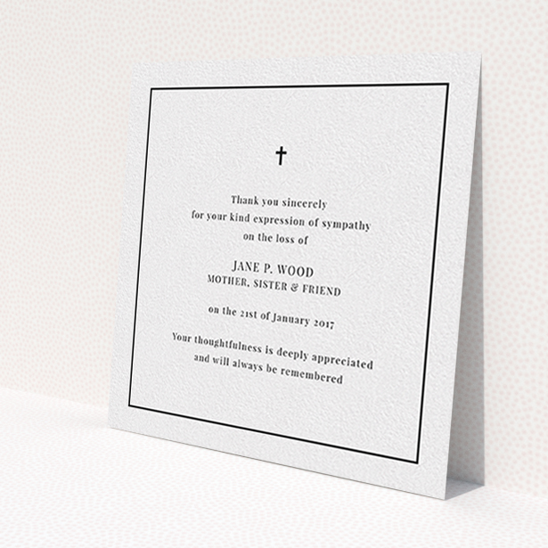 A funeral thank you card design titled 'Simple respects'. It is a square (148mm x 148mm) card in a square orientation. 'Simple respects' is available as a flat card, with tones of white and black.