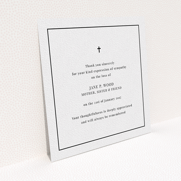 A funeral thank you card design titled "Simple respects". It is a square (148mm x 148mm) card in a square orientation. "Simple respects" is available as a flat card, with tones of white and black.