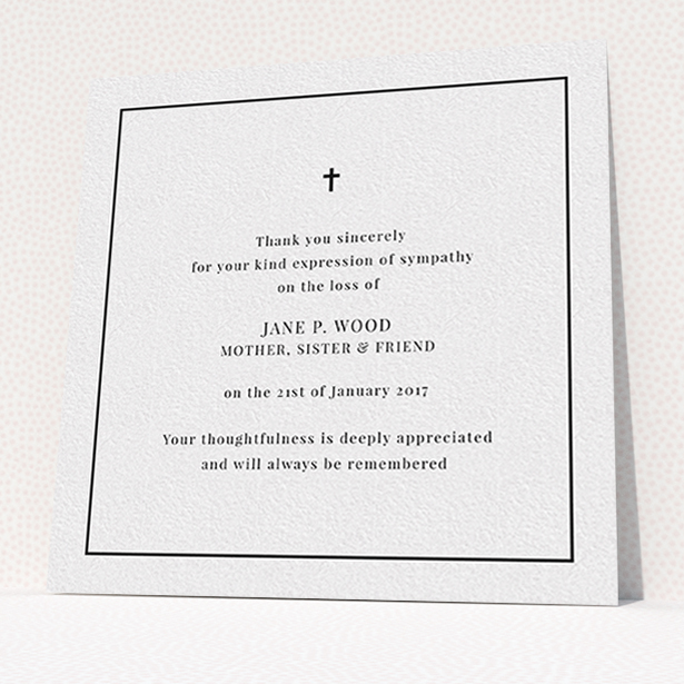 A funeral thank you card design titled "Simple respects". It is a square (148mm x 148mm) card in a square orientation. "Simple respects" is available as a flat card, with tones of white and black.