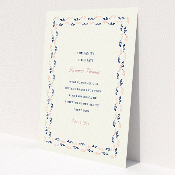 A funeral thank you card design named 'Swimming in the garden'. It is an A5 card in a portrait orientation. 'Swimming in the garden' is available as a flat card, with tones of cream, pink and navy blue.