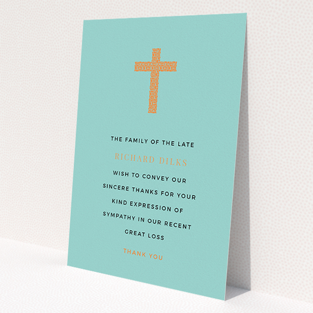 A funeral thank you card called 'The celebration'. It is an A5 card in a portrait orientation. 'The celebration' is available as a flat card, with tones of teal and orange.