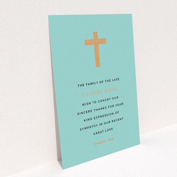 A funeral thank you card called "The celebration". It is an A5 card in a portrait orientation. "The celebration" is available as a flat card, with tones of teal and orange.